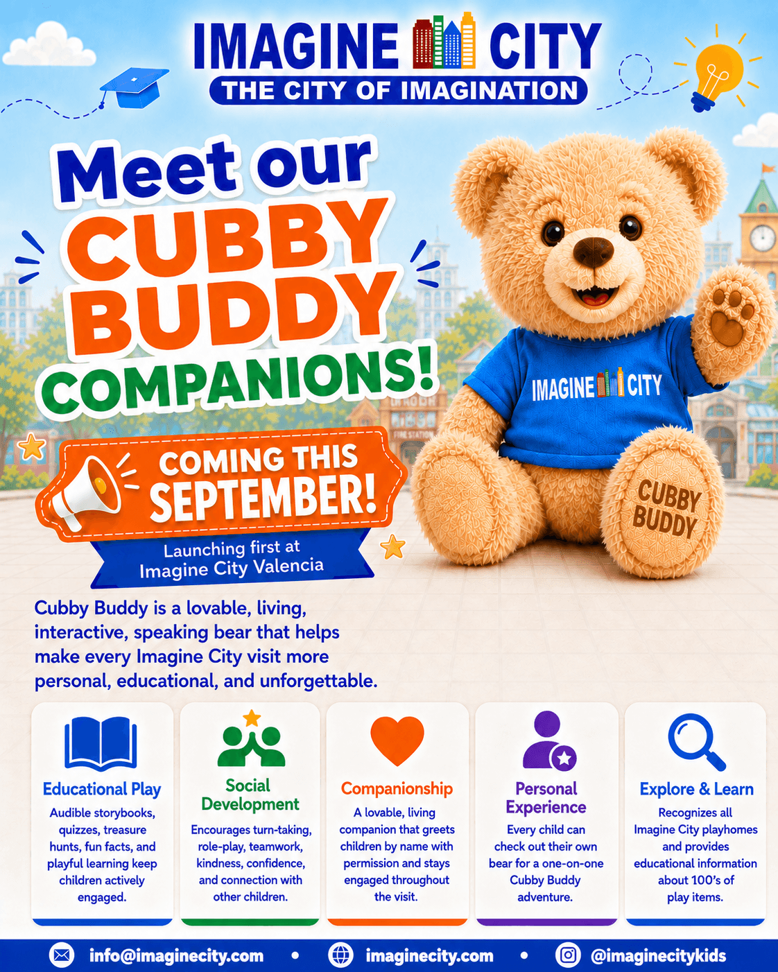 Meet our Cubby Buddy companions — a plush bear in an Imagine City t-shirt, coming this September, launching first at Imagine City Valencia.