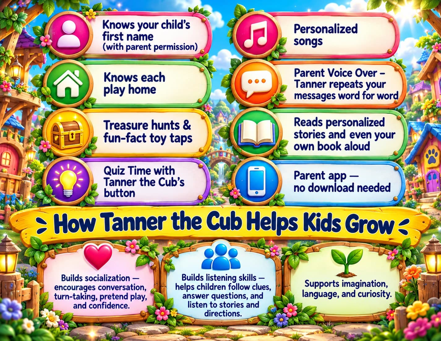 Tanner the Cub's features: knows your child's first name with parent permission, personalized songs, knows each play home, Parent Voice Over, treasure hunts and fun-fact toy taps, reads personalized stories and your own book aloud, Quiz Time with his button, and a parent app with no download. How Tanner helps kids grow: builds socialization, builds listening skills, and supports imagination, language, and curiosity.