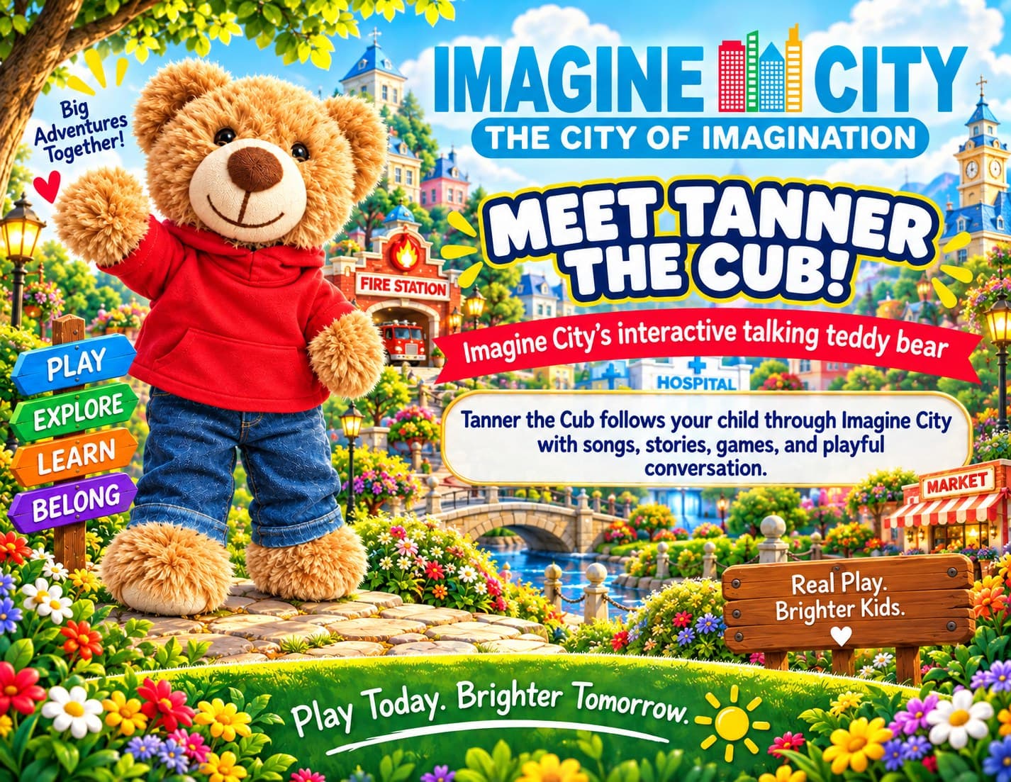 Tanner the Cub, a plush companion bear in a red hoodie and jeans, waving.